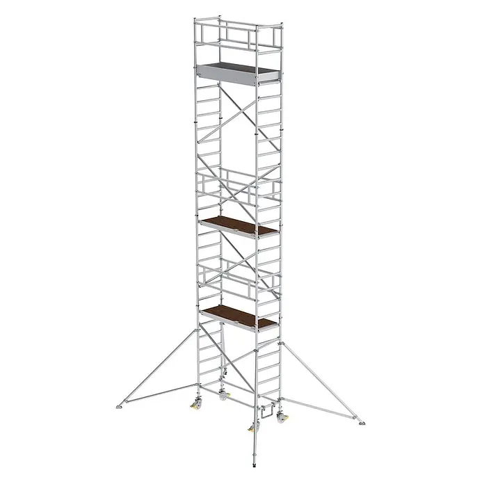Munk Rollgerüst Aluminium-Rollgerüst mit Ausleger 1,80x0,75m Plattform 9,55m AH - Arbeitshöhe: 9.350 m - Hohes, mobiles Aluminium-Rollgerüst in Silber mit zwei dunkelbraunen und einer grauen Arbeitsplattform sowie Auslegern.