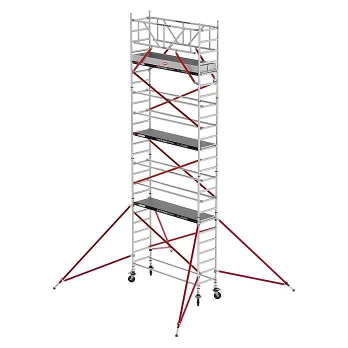 Altrex Rollgerüst Fahrgerüst RS Tower 51 Aluminium mit Fiber-Deck Plattform 8,20m AH schmal - Arbeitshöhe: 8.200 m - Mobiles Aluminium-Gerüst mit roten Diagonalstreben, schwarzen Arbeitsplattformen und Auslegern auf Rollen.