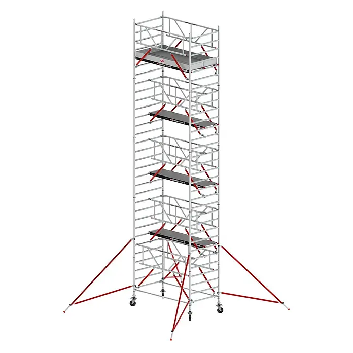 Altrex Rollgerüst Fahrgerüst RS Tower 52-S Aluminium mit Safe-Quick und Holz-Plattform 10,20 - Arbeitshöhe: 10.200 m - Hoher, mehrstufiger Alu-Rollgerüstturm mit roten Diagonalstreben, Auslegern und dunkelgrauen Arbeitsplattformen auf Rollen.