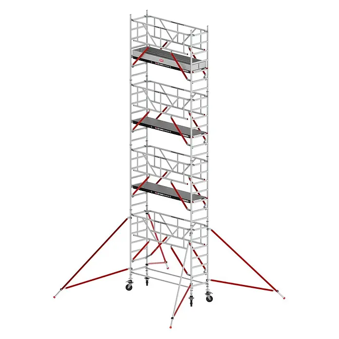 Altrex Rollgerüst Fahrgerüst RS Tower 51-S Safe-Quick Aluminium mit Fiber-Deck Plattform 9,2 - Arbeitshöhe: 9.200 m - Hohes Fahrgerüst aus silbernem Aluminium mit roten Diagonalstreben, schwarzen Plattformen, Rollen und stabilisierenden Auslegern.
