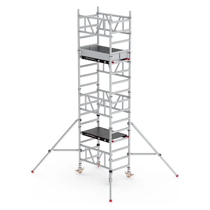 Altrex Rollgerüst MiTower 1-Personen-Gerüst Aluminium mit Holz-Plattform 0,75x1,27m 5,20m AH - Arbeitshöhe: 5.200 m - Silbernes Aluminium-Rollgerüst mit Arbeitsplattform, Ablagewanne, Auslegern und Lenkrollen.