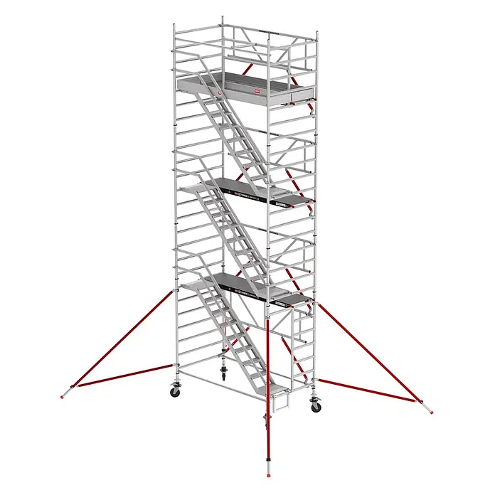 Altrex Rollgerüst Treppengerüst RS Tower 53-S Aluminium Safe-Quick mit Fiber-Deck Plattform - Arbeitshöhe: 8.200 m - Silbergrauer Aluminium-Gerüstturm mit Innentreppen, mehreren Plattformen und roten Auslegern auf Rollen.