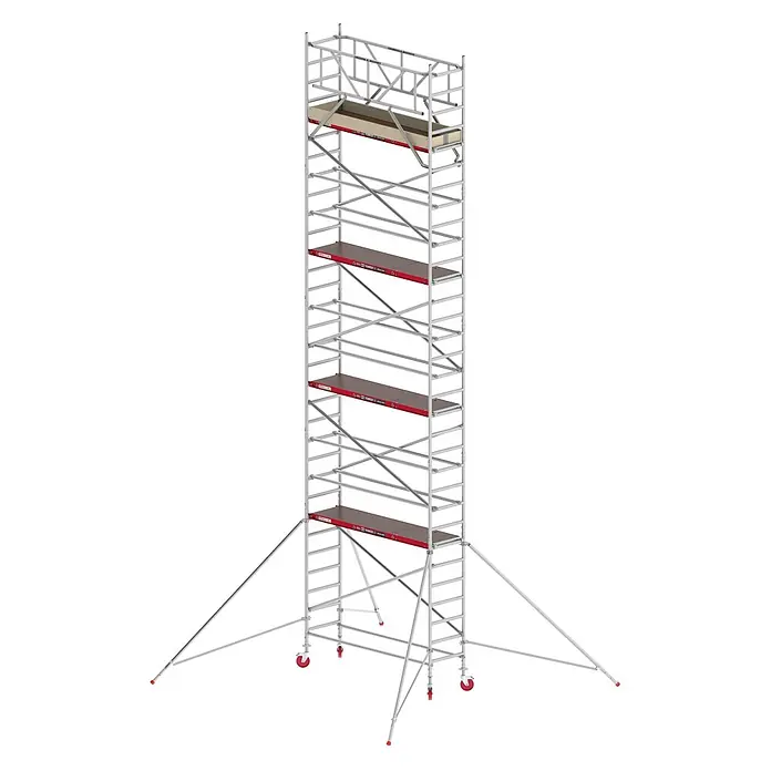 Altrex Rollgerüst Fahrgerüst RS Tower 41 Alu mit Holz-Plattform 10,20m AH breit 0,75x2,45m - Arbeitshöhe: 10.200 m - Hohes, silbernes Aluminium-Rollgerüst mit mehreren rot-braunen Plattformen und roten Auslegerstabilisatoren.