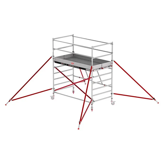Altrex Rollgerüst RS Tower 55 ohne Safe-Quick® 3,8m Arbeitshöhe Fiber-Deck 3,05m - Arbeitshöhe: 3.800 m - Mobiler Aluminium-Gerüstturm mit grauer Arbeitsplattform, Geländern und roten Auslegern auf Rollen.