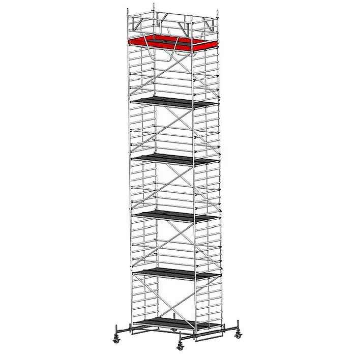 Euroline Rollgerüst Gerüst 9514 mit Sicherheitsaufbau 1,50x2,85m Fahrbalken verschiebbar 12,50 - Arbeitshöhe: 12.500 m - Hoher, silberfarbener Rollgerüstturm mit mehreren dunkelgrauen und einer roten oberen Plattform.