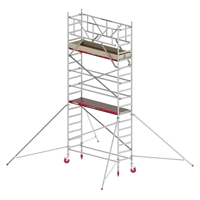 Altrex Rollgerüst Fahrgerüst RS Tower 41 Alu mit Holz-Plattform 6,20m AH breit 0,75x2,45m - Arbeitshöhe: 6.200 m - Mobiles Rollgerüst aus silbernem Aluminium mit roten Rädern und Auslegern, zwei Plattformen, eine höher als die andere.