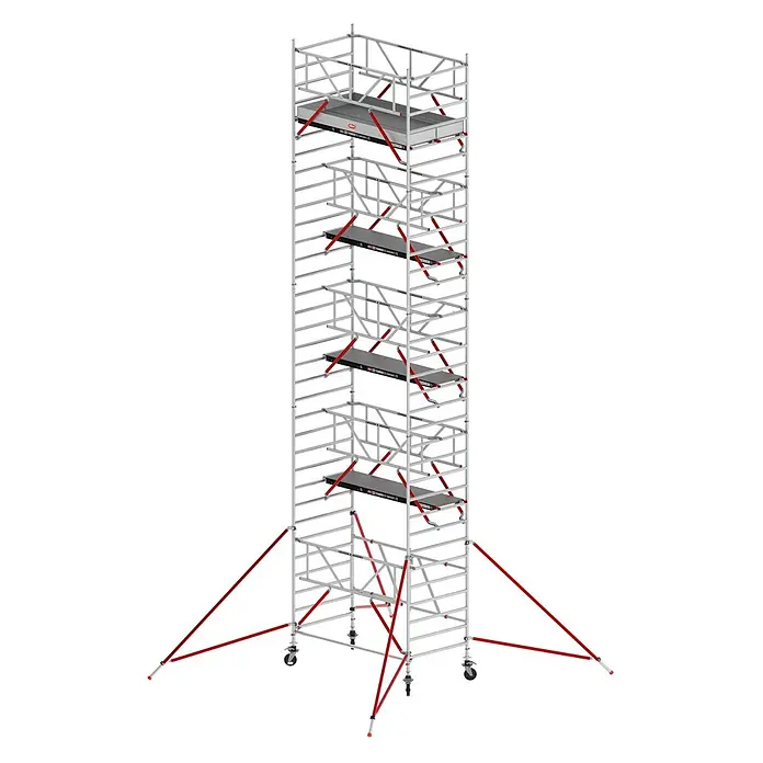 Altrex Rollgerüst RS Tower 55-S mit Safe-Quick® 10,8m Arbeitshöhe Fiber-Deck 2,45m - Arbeitshöhe: 10.800 m - Hoher mobiler Aluminium-Gerüstturm mit mehreren schwarzen Plattformen, roten Diagonalstreben und Rädern.