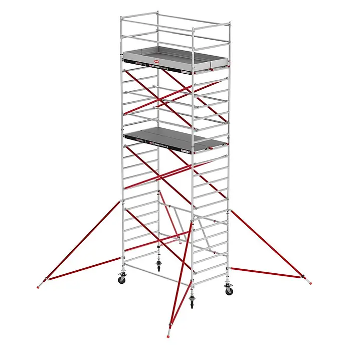 Altrex Rollgerüst RS Tower 55 ohne Safe-Quick® 7,8m Arbeitshöhe Holz-Plattform 3,05m - Arbeitshöhe: 7.800 m - Mehrstufiger Aluminium-Rollgerüstturm mit roten Diagonalstreben, grauen Plattformen, Rädern und Auslegern für Stabilität.