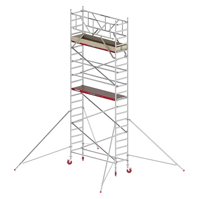 Altrex Rollgerüst Fahrgerüst RS Tower 41 Alu mit Holz-Plattform 7,20m AH breit 0,75x1,85m - Arbeitshöhe: 7.200 m - Aluminium-Fahrgerüst mit zwei roten Plattformen, roten Rollen und Stabilisierungsstützen.