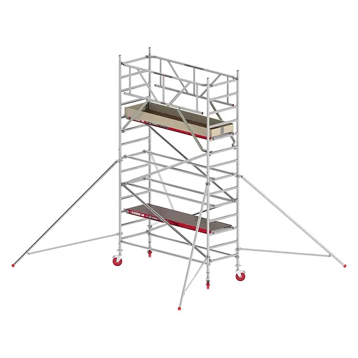 Altrex Rollgerüst Fahrgerüst RS Tower 41 PLUS Aluminium ohne Safe-Quick® mit Holz-Plattform - Arbeitshöhe: 5.200 m - Silbernes Aluminium-Rollgerüst mit roten Akzenten, Holzplattformen, Stabilisatoren und roten Rädern zur leichten Bewegung.