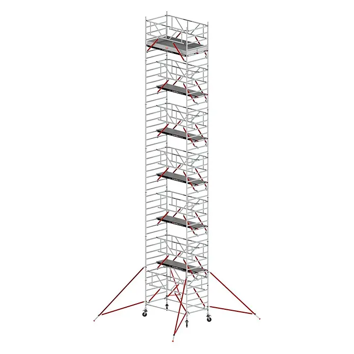Altrex Rollgerüst Fahrgerüst RS Tower 52-S Aluminium mit Safe-Quick und Fiber-Deck Plattform - Arbeitshöhe: 14.200 m - Hohes, silbernes Gerüst mit schwarzen Plattformen, roten Diagonalstreben und Auslegern mit Rollen für Stabilität und Mobilität.