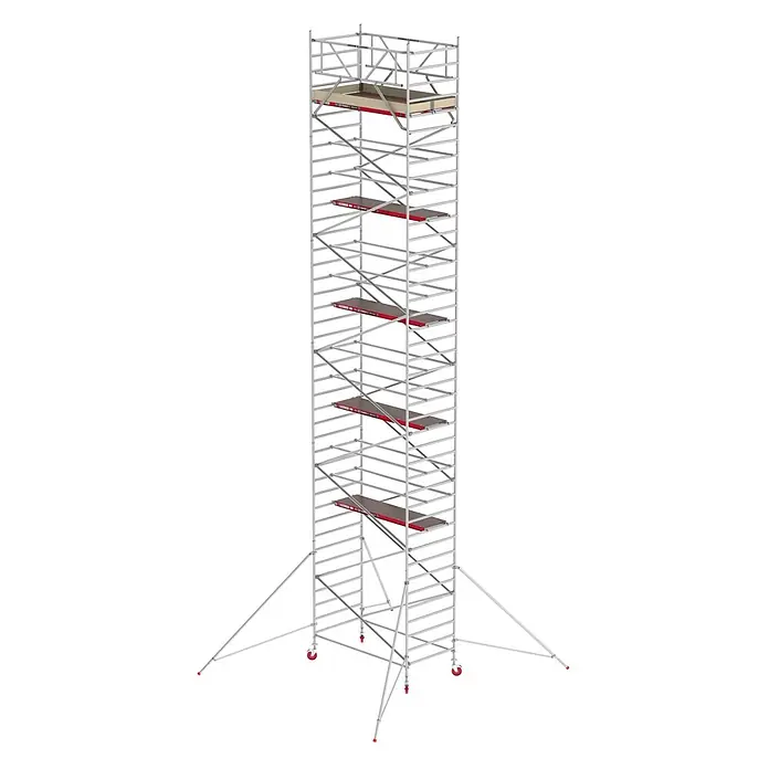 Altrex Rollgerüst Fahrgerüst RS Tower 42 Aluminium mit Holz-Plattform 11,20m AH 1,35x2,35m - Arbeitshöhe: 11.200 m - Hoher, silberfarbener fahrbarer Gerüstturm mit mehreren braunen Arbeitsplattformen und Auslegern mit roten Füßen.
