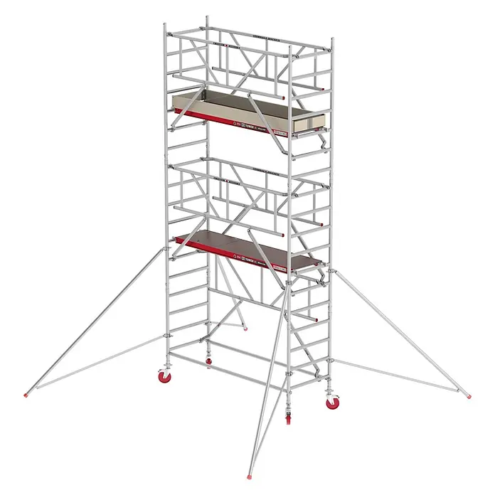 Altrex Rollgerüst Fahrgerüst RS Tower 41 PLUS Aluminium mit Safe-Quick® und Holz-Plattform - Arbeitshöhe: 6.200 m - Mobiles Aluminium-Rollgerüst mit mehreren Plattformen, roten Rädern und Stabilisierungsstützen.