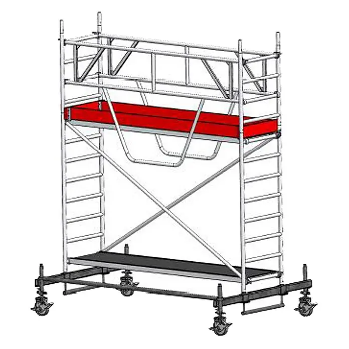 Euroline Rollgerüst Gerüst 9513 mit Sicherheitsaufbau und Fahrbalken verschiebbar 4,50m AH - Arbeitshöhe: 4.500 m - Fahrbares Aluminiumgerüst mit roten und schwarzen Plattformen, auf Rollen.