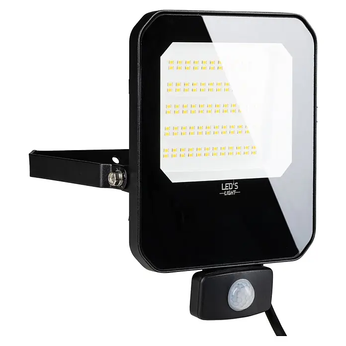 LED's work LED-Sensor-Außenwandleuchte - 50 W, L x B x H: 5,7 x 17,9 x 17,9 cm, Schwarz, Neutralweiß - Schwarzer LED-Flutlichtstrahler mit integriertem Bewegungssensor, der das helle LED-Panel zeigt.