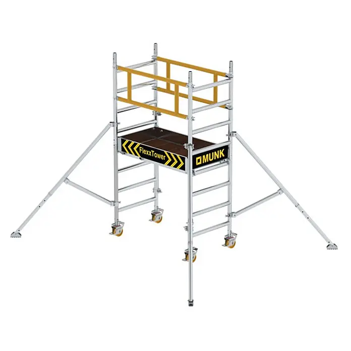 Munk Rollgerüst FlexxTower Ein-Personen-Gerüst 3,10 AH - Arbeitshöhe: 3.100 m - Mobiler Alu-Rollgerüstturm mit Holzplattform, gelben Schutzgeländern, Lenkrollen und Stützenauslegern.
