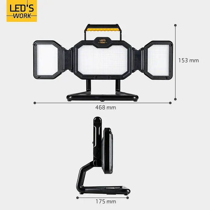 LED's work LED-Akkustrahler - L x B x H: 17,5 x 46,8 x 25,3 cm, 3.000 lm, Lichtfarbe: Neutralweiß, Akkubetrieben, IP54 - Schwarz-gelbe LED-Arbeitsleuchte mit drei verstellbaren Paneelen und stabilem Standfuß.