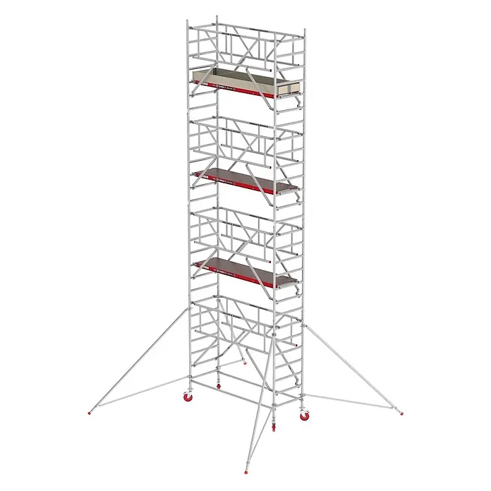 Altrex Rollgerüst Fahrgerüst RS Tower 41 PLUS Aluminium mit Safe-Quick® und Holz-Plattform - Arbeitshöhe: 9.200 m - Hoher, silberfarbener Aluminium-Rollgerüstturm mit mehreren Holzplattformen, roten Lenkrollen und stabilisierenden Auslegern.