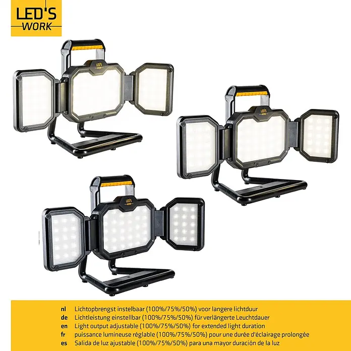 LED's work LED-Akkustrahler - L x B x H: 17,5 x 46,8 x 25,3 cm, 3.000 lm, Lichtfarbe: Neutralweiß, Akkubetrieben, IP54 - Schwarze und gelbe tragbare LED-Arbeitsleuchte mit drei verstellbaren Paneelen und Griff, mit 100%/75%/50% Lichtleistung für längere Dauer.