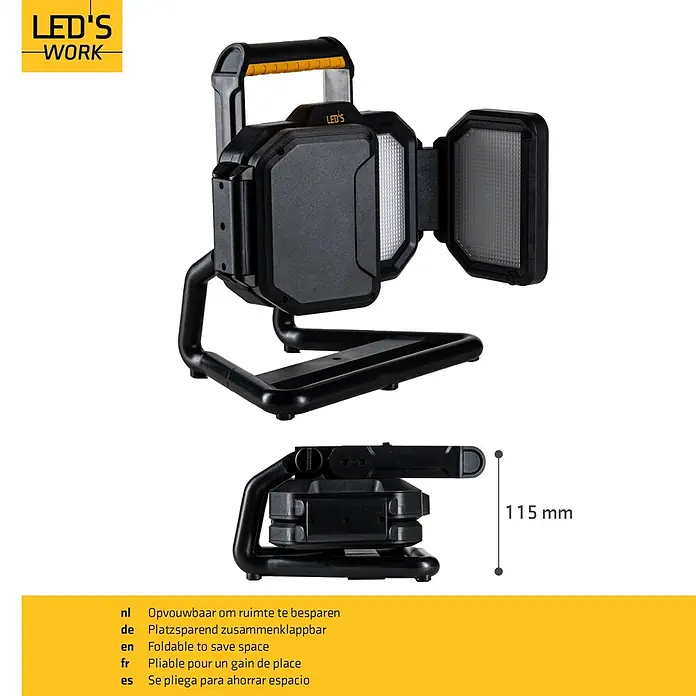 LED's work LED-Akkustrahler - L x B x H: 17,5 x 46,8 x 25,3 cm, 3.000 lm, Lichtfarbe: Neutralweiß, Akkubetrieben, IP54 - Schwarz-gelbe, faltbare LED-Arbeitsleuchte mit Griff, geöffnet und kompakt auf 115 mm gefaltet gezeigt.