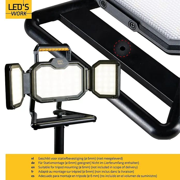 LED's work LED-Akkustrahler - L x B x H: 17,5 x 46,8 x 25,3 cm, 3.000 lm, Lichtfarbe: Neutralweiß, Akkubetrieben, IP54 - Schwarze LED-Arbeitsleuchte mit gelbem Griff, auf Ständer. Verfügt über 6mm Stativgewinde.