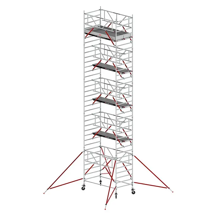 Altrex Rollgerüst Fahrgerüst RS Tower 52-S Aluminium mit Safe-Quick und Fiber-Deck Plattform - Arbeitshöhe: 11.200 m - Hohes mobiles Gerüst mit silbergrauem Aluminiumrahmen, roten Diagonalstreben, mehreren dunklen Plattformen und Rollen.