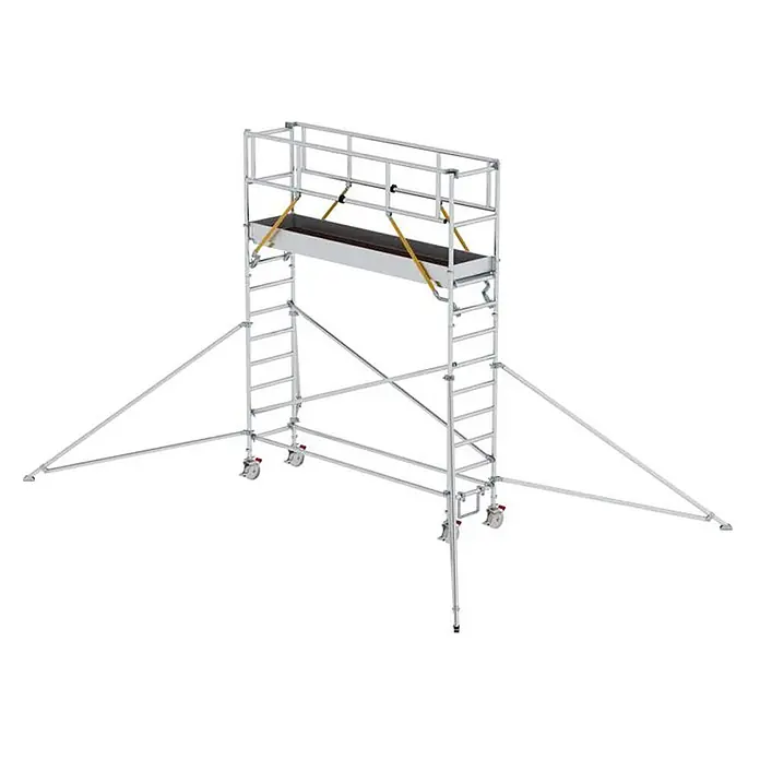 Munk Rollgerüst Rollgerüst SG mit Ausleger 0,75x3,00m Plattform 5,07m AH - Arbeitshöhe: 5.070 m - Mobiles Gerüst aus Aluminium, silberfarben, mit Arbeitsplattform, Geländer, Rollen und Auslegern.