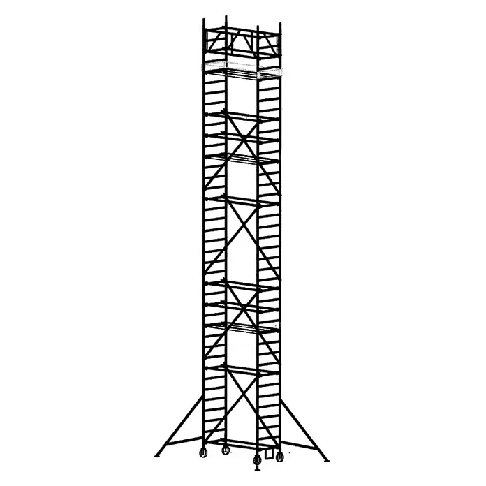 Euroline Rollgerüst 9511 Gerüst mit Fahrbalken verschiebbar/Auslegern 11,35m - Arbeitshöhe: 11.350 m - Schwarzer mobiler Gerüstturm mit Rollen und Auslegern.