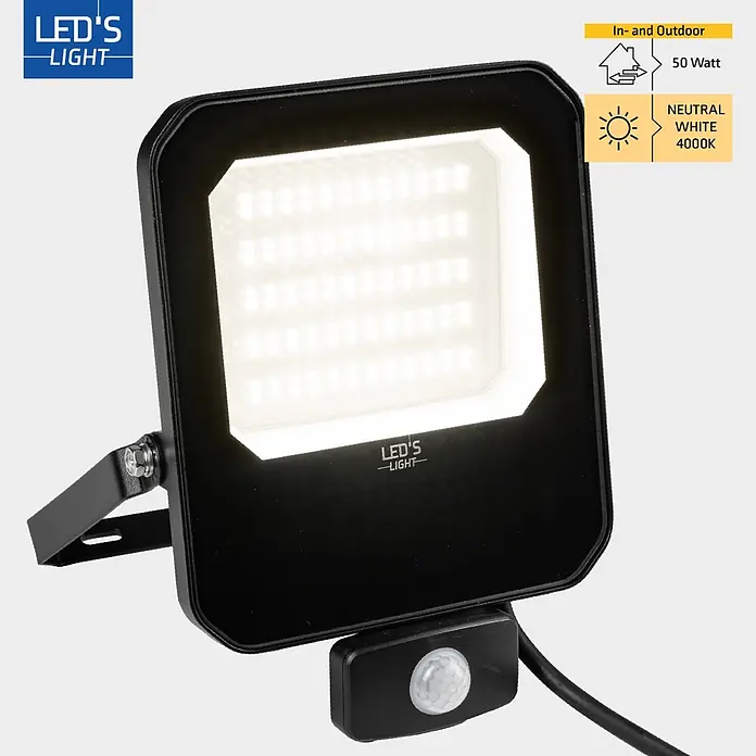 LED's work LED-Sensor-Außenwandleuchte - 50 W, L x B x H: 5,7 x 17,9 x 17,9 cm, Schwarz, Neutralweiß - Schwarzer LED-Fluter mit Bewegungssensor, emittiert neutralweißes Licht (4000K).