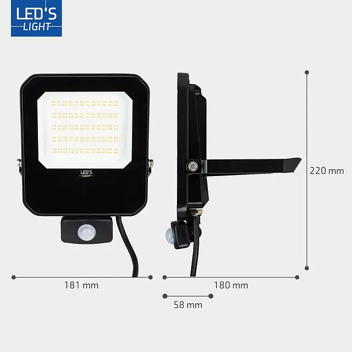 LED's work LED-Sensor-Außenwandleuchte - 50 W, L x B x H: 5,7 x 17,9 x 17,9 cm, Schwarz, Neutralweiß - Schwarzer LED-Fluter mit Bewegungssensor, Vorder- und Seitenansicht mit Maßen.