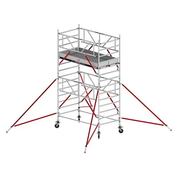 Altrex Rollgerüst Fahrgerüst RS Tower 52-S Aluminium mit Safe-Quick und Fiber-Deck Plattform - Arbeitshöhe: 5.200 m - Silbernes Rollgerüst mit roten Diagonalstreben und Auslegern, grauer Arbeitsplattform und Rädern.