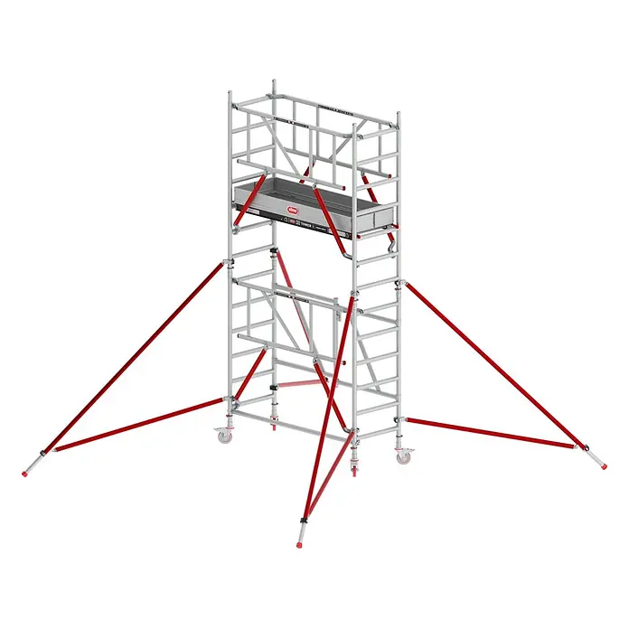 Altrex Rollgerüst Klappgerüst RS Tower 54 Aluminium Holz-Plattform 0,75x1,85m mit Safe-Quick - Arbeitshöhe: 6.800 m - Mobiler Gerüstturm aus silbernem Metall mit roten Stabilisatoren und Rollen für sicheres Arbeiten in der Höhe.