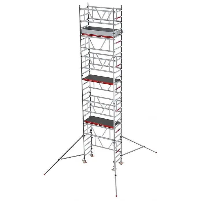 Altrex Rollgerüst MiTower PLUS Fahrgerüst 1-Person-Aufbau Aluminium mit breiter Fiber-Deck P - Arbeitshöhe: 5.200 m - Hohes, silbergraues Rollgerüst mit roten Arbeitsplattformen, ausgestattet mit Rädern und Auslegern zur Stabilisierung.