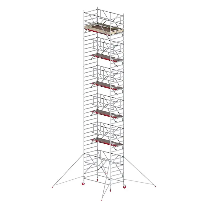 Altrex Rollgerüst Fahrgerüst RS Tower 42-S Aluminium Safe-Quick mit Holz-Plattform 13,20m AH - Arbeitshöhe: 13.200 m - Hohes, silberfarbenes Aluminium-Rollgerüst mit mehreren Holzplattformen, roten Akzenten, Auslegern und Rollen für Stabilität und Mobilität.