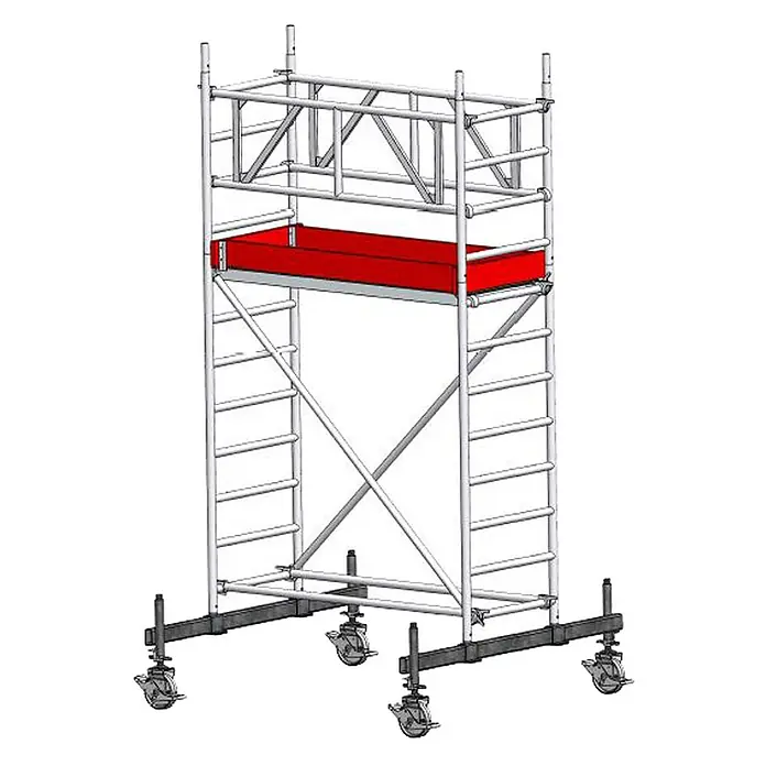 Euroline Rollgerüst 9512 Fahrgerüst mit Fahrbalken starr Normalaufbau 4,30m AH - Arbeitshöhe: 4.300 m - Mobiles Aluminiumgerüst mit roter Arbeitsplattform, Leitern, Diagonalstreben und feststellbaren Lenkrollen.