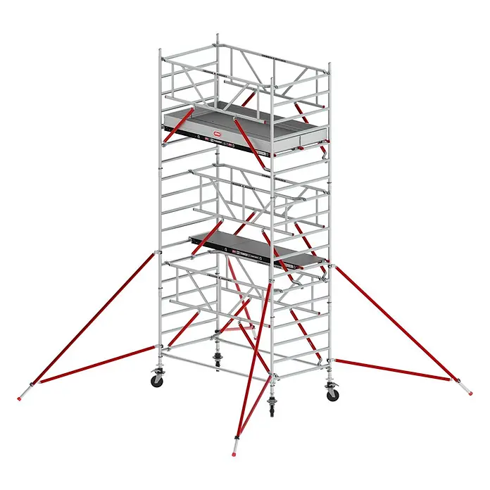 Altrex Rollgerüst Fahrgerüst RS Tower 52-S Aluminium mit Safe-Quick und Holz-Plattform 6,20m - Arbeitshöhe: 6.200 m - Mobiler Aluminium-Rollgerüstturm mit zwei Arbeitsplattformen, roten Diagonalstreben und roten Auslegern zur Stabilisierung, auf Rollen.
