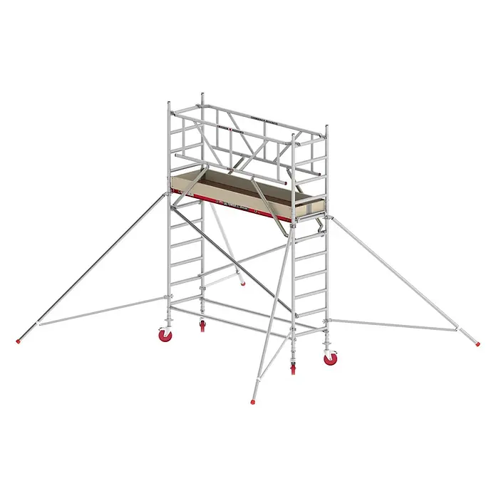 Altrex Rollgerüst Fahrgerüst RS Tower 41 Alu mit Holz-Plattform 4,20m AH breit 0,75x2,45m - Arbeitshöhe: 4.200 m - Silber-graues Aluminium Rollgerüst mit Holzplattform, roten Rädern und Auslegern.