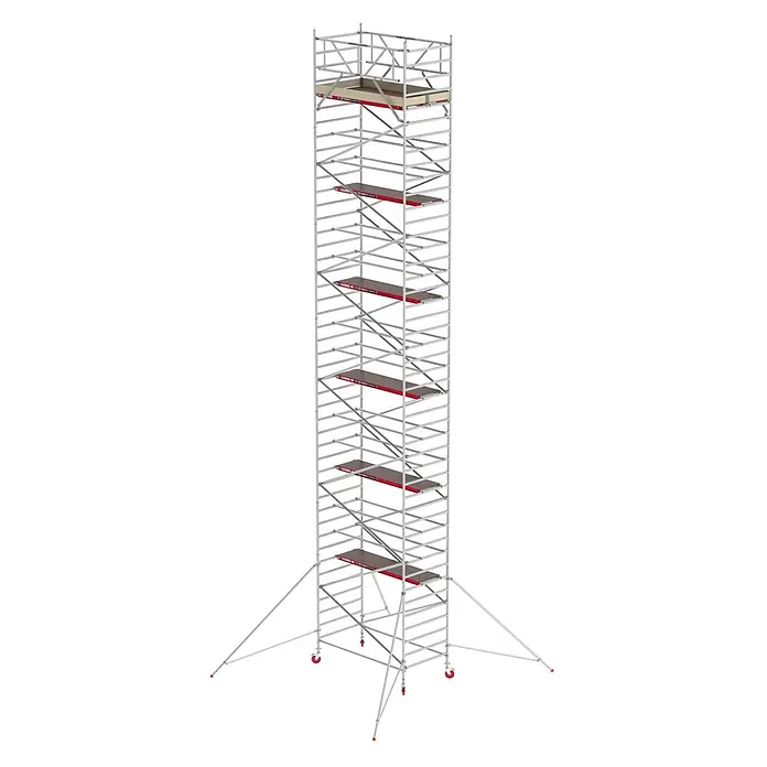 Altrex Rollgerüst Fahrgerüst RS Tower 42 Aluminium mit Holz-Plattform 12,20m AH 1,35x2,35m - Arbeitshöhe: 12.200 m - Hoher, silberner Aluminium-Fahrgerüstturm mit mehreren Holzplattformen, roten Akzenten, Rädern und Stabilisatoren.