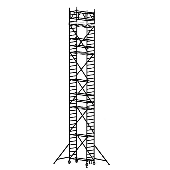 Euroline Rollgerüst 9521 Gerüst Sicherheitsaufbau mit Fahrbalken verschiebbar/Auslegern 12,35m - Arbeitshöhe: 12.350 m - Hoher, schwarzer Metall-Rollgerüstturm mit Stützen und Rädern für Arbeiten in der Höhe.