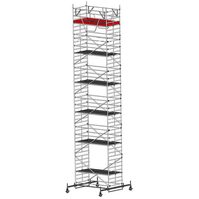 Euroline Rollgerüst Gerüst 9514 mit Sicherheitsaufbau 1,50x2,85m Fahrbalken verschiebbar 13,50 - Arbeitshöhe: 13.500 m - Hoher, silberner Rollgerüstturm mit mehreren dunklen Podesten und einer roten oberen Plattform.