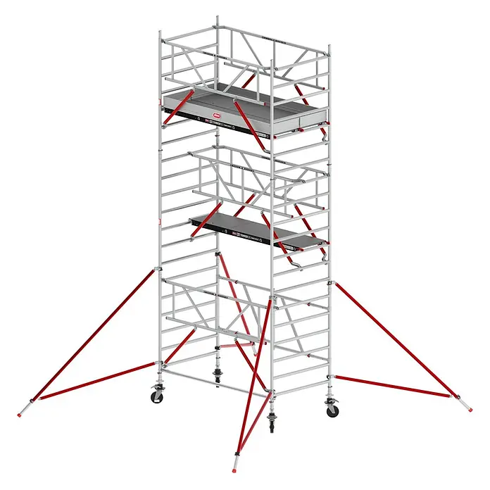 Altrex Rollgerüst RS Tower 55-S mit Safe-Quick® 6,8m Arbeitshöhe Holz-Plattform 2,45m - Arbeitshöhe: 6.800 m - Mobiler Aluminium-Rollgerüstturm mit zwei Arbeitsplattformen, Geländern, Rollen und roten Stützen.
