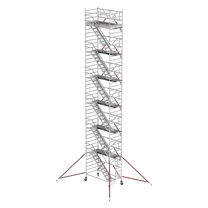 Altrex Rollgerüst Treppengerüst RS Tower 53-S Aluminium Safe-Quick mit Fiber-Deck Plattform - Arbeitshöhe: 14.200 m - Hoher Aluminium-Gerüstturm mit Innentreppen, roten Diagonalstreben und stabilisierenden Auslegern auf Rollen.