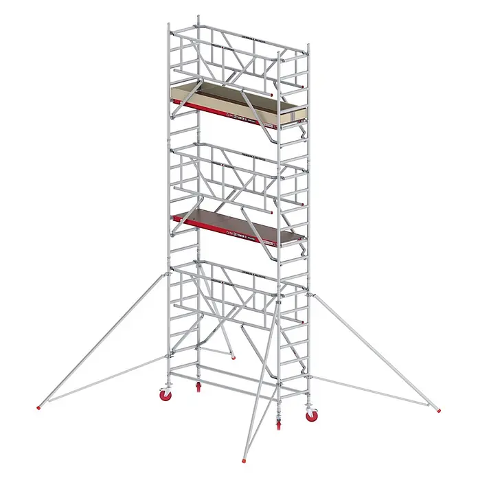 Altrex Rollgerüst Fahrgerüst RS Tower 41-S Aluminium mit Safe-Quick und Holz-Plattform 7,20m - Arbeitshöhe: 7.200 m - Silberfarbenes Aluminium-Rollgerüst mit zwei Plattformen, roten Details, Rollen und ausziehbaren Stabilisatoren.