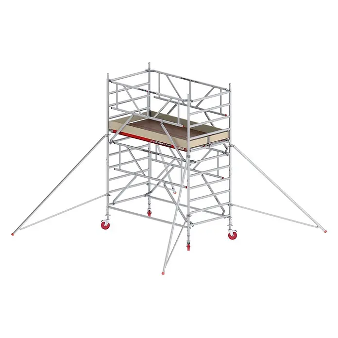 Altrex Rollgerüst Fahrgerüst RS Tower 42-S Aluminium Safe-Quick mit Holz-Plattform 4,20m AH - Arbeitshöhe: 4.200 m - Mobiler Gerüstturm aus silberfarbenem Aluminium mit Holzplattformen, ausgestattet mit roten Rädern und Auslegern.