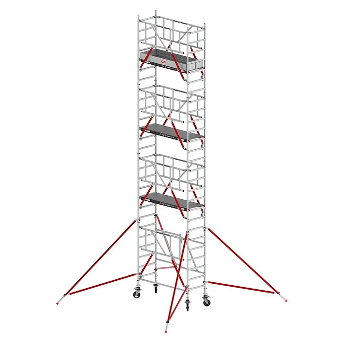 Altrex Rollgerüst Klappgerüst RS Tower 54 Alu Holz-Plattform 0,75x1,85m mit Safe-Quick 8,8m - Arbeitshöhe: 8.800 m - Hoher modularer Gerüstturm mit silbernem Rahmen, roten Diagonalstreben, schwarzen Plattformen, Rollen und Auslegern für Stabilität.