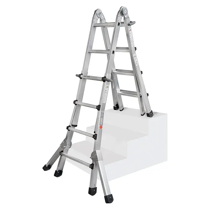 Iller Leiter Teleskopleiter Teleskop, beidseitig begehbar mit Dreiecksausleger, 4x5 Sprossen und 6,0m A - Anzahl Tritte: 5 Stk., Arbeitshöhe: 6.000 m, Aluminium - Gelenkleiter aus silbernem Aluminium im Treppenaufbau.