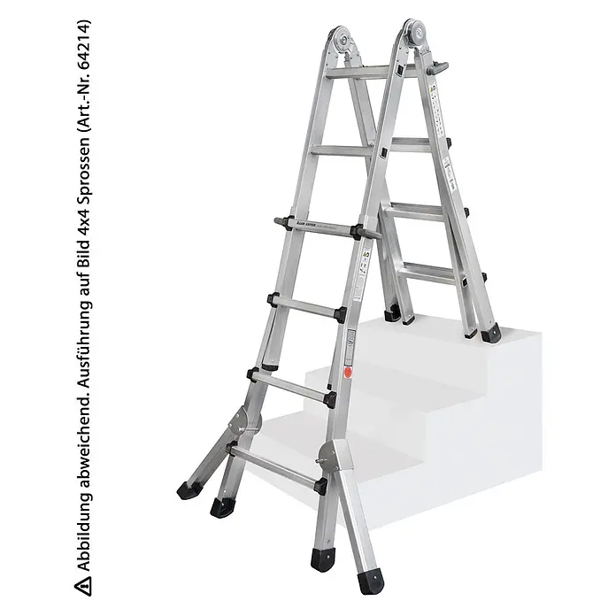 Iller Leiter Stehleiter Teleskop, beidseitig begehbar mit Dreiecksausleger, 4x6 Sprossen und 7,10m - Anzahl Tritte: 6 Stk., Arbeitshöhe: 7.100 m, Aluminium - Silberne Aluminium-Mehrzweck-Klappleiter auf weißen Stufen, mit schwarzen Anti-Rutsch-Füßen und Sprossen.