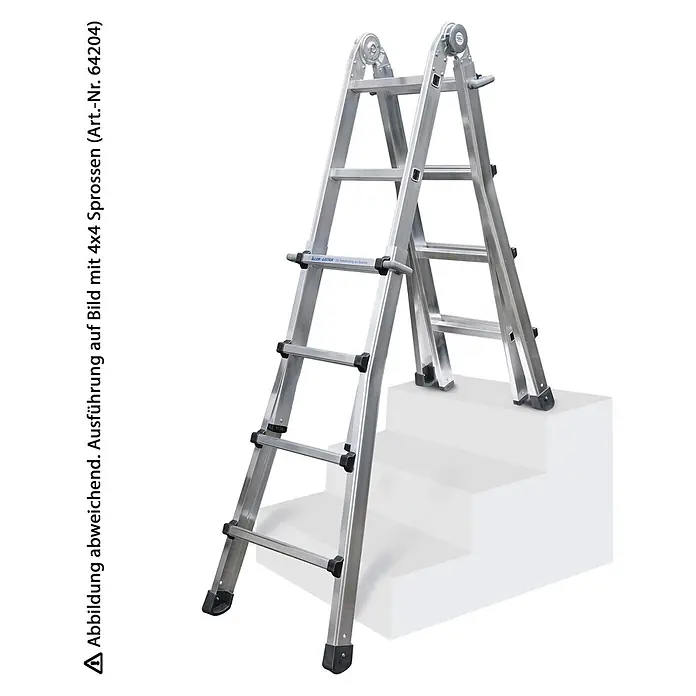 Iller Leiter Teleskopleiter Teleskop, beidseitig begehbar mit 4x6 Sprossen und 7,10m AH - Anzahl Tritte: 6 Stk., Arbeitshöhe: 7.100 m, Aluminium - Silberne Aluminium Gelenkleiter als Stehleiter aufgestellt.