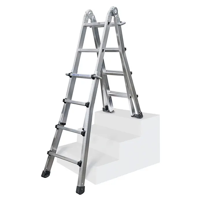 Iller Leiter Teleskopleiter Teleskop, beidseitig begehbar mit 4x6 Sprossen und 7,10m AH - Anzahl Tritte: 6 Stk., Arbeitshöhe: 7.100 m, Aluminium - Silberne Aluminium-Mehrzweckleiter als Stehleiter auf zwei Stufen, perfekt für Treppen oder unebene Flächen.