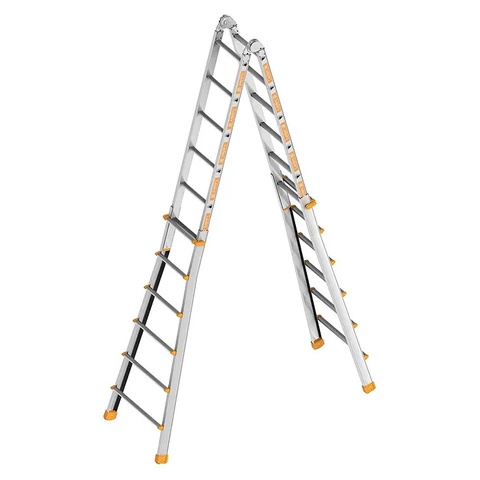 Layher Teleskopleiter Topic 1058 Teleskopleiter 4x6 Sprossen - Anzahl Tritte: 6 Stk., Arbeitshöhe: 7.150 m, Aluminium - Silberne Alu-Mehrzweckleiter mit orangefarbenen Sicherheitsakzenten, in A-Form aufgestellt.